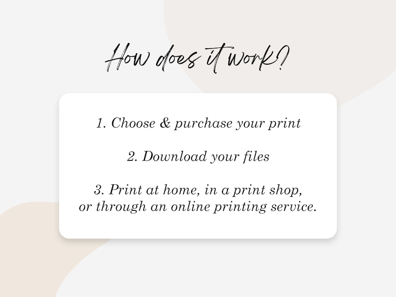 May include: A white card with black text explaining how to purchase and print digital artwork. The text reads: "How does it work? 1. Choose & purchase your print 2. Download your files 3. Print at home, in a print shop, or through an online printing service."