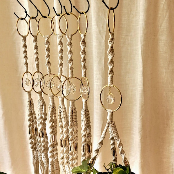 Plant Hanger with Crystal Sun Catcher, Handmade macrame plant hanger for indoor plant, Boho Window Decor, Plant lover gift, Garden Decor