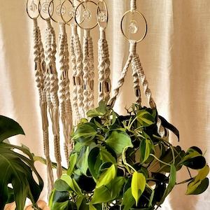 Peut inclure: Une série de suspensions pour plantes en macramé blanc cassé avec des motifs de cordes torsadées, des anneaux en métal doré et des cristaux facettés transparents. Chaque suspension soutient une plante aux feuilles vertes et jaunes.