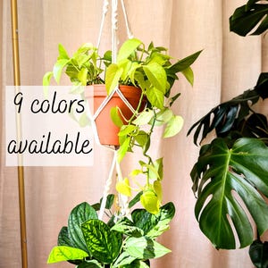 May include: A double macrame plant hanger with two terracotta pots filled with green plants. The text "9 colours available" is displayed. The hanger is suspended from a gold-coloured metal ring.