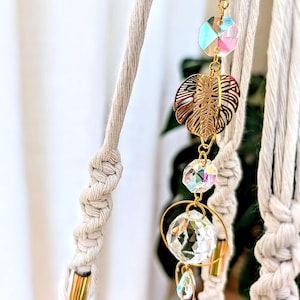 Suncatcher & Charm Macrame Plant hanger, Handmade Chic Planter, Boho Plant holder with Gold Accent and Sparkling Crystal Prism, Gift for her