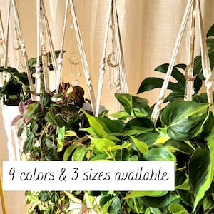 May include: A selection of hanging planters filled with vibrant green plants. Each planter is suspended by a white macrame hanger. Gold-toned crescent moon and crystal charms hang from the hangers. The text "9 colours & 3 sizes available" is displayed.