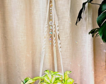 Gemstone & Sun catchers Macrame Plant Hanger, Handmade Boho decor, Enchanting Crystal Decor with Golden Beads, Hanging for indoor plants