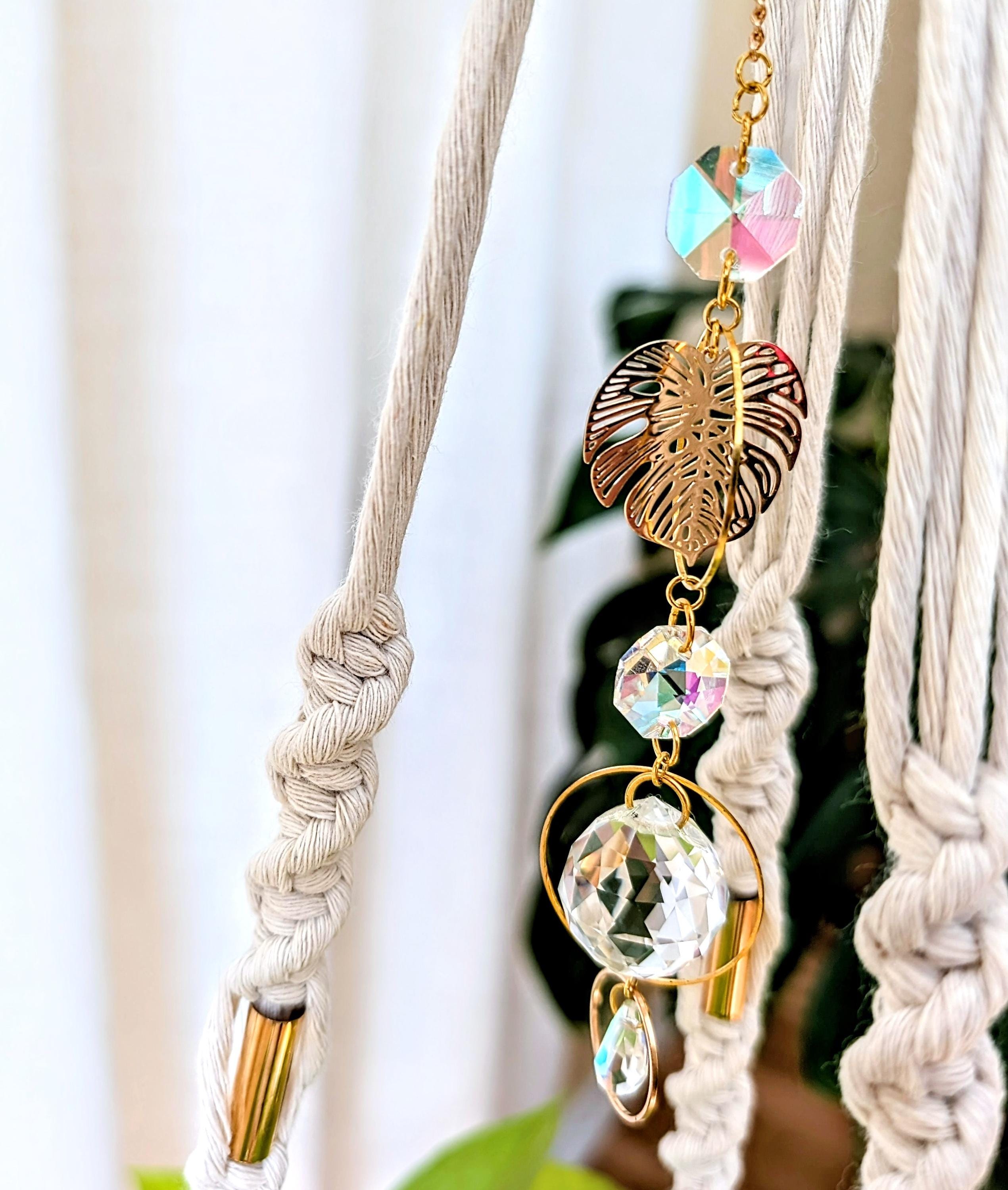 Suncatcher & Charm Macrame Plant hanger, Handmade Chic Planter, Boho Plant holder with Gold Accent and Sparkling Crystal Prism, Gift for her