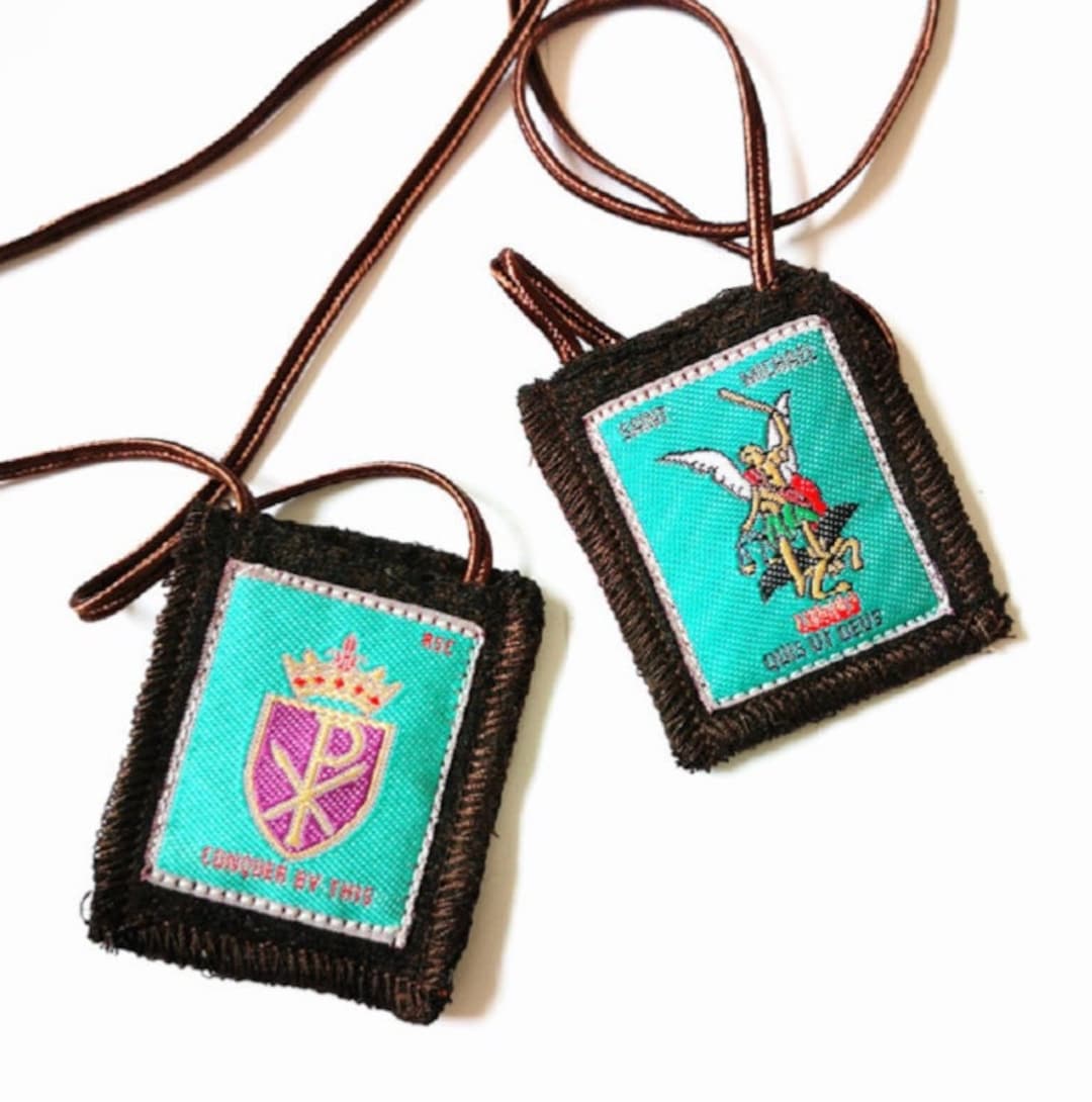 St. Michael & the Chi-rho Brown Scapular | Handmade | 100% Wool | Heavy ...