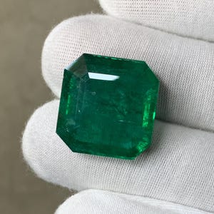 May include: A vibrant, emerald-cut emerald gemstone. The gem is a deep, rich green color with a rectangular shape and beveled edges. The stone is held in a white gloved hand, highlighting its clarity and brilliance.