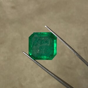 May include: A vibrant, emerald-cut emerald gemstone, held by tweezers. The gem is a deep, rich green color with a square shape and beveled edges. The gemstone is displayed against a neutral background.