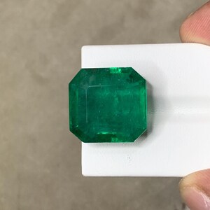 May include: A vibrant, emerald-cut emerald gemstone. The gem is a deep, rich green color and is displayed on a white surface. The emerald has a rectangular shape with cut corners, showcasing its facets.