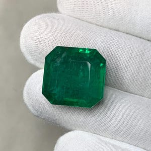 May include: A vibrant, emerald-cut emerald gemstone. The gem is a deep, rich green color with a faceted surface. The emerald is held against a white background.