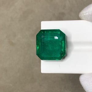 May include: A vibrant, emerald-cut emerald gemstone. The gem is a deep, rich green color and is set against a white background. The emerald has a rectangular shape with cut corners and facets that catch the light.