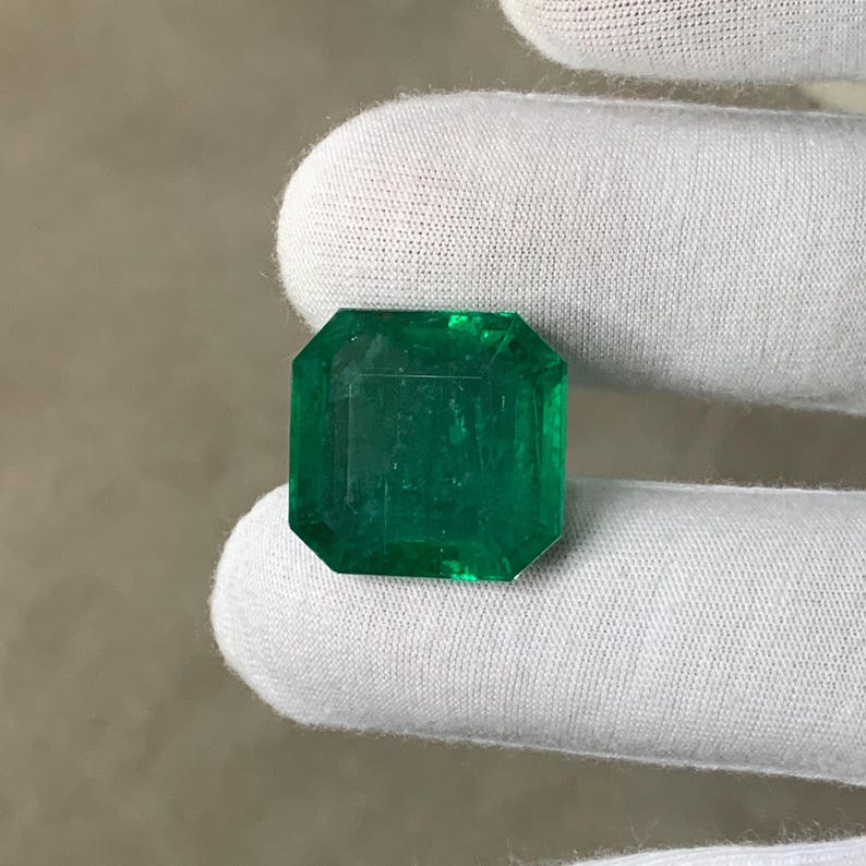 May include: A vibrant, emerald-cut emerald gemstone. The gem is a deep, rich green color and has a rectangular shape with beveled edges. The stone is held by a white gloved hand.