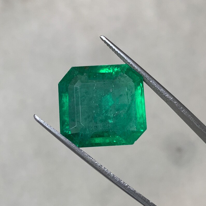 May include: A vibrant, emerald-cut emerald gemstone, held by a pair of tweezers. The gem displays a rich, deep green color and a faceted surface. The tweezers are silver-colored, and the background is a neutral gray.