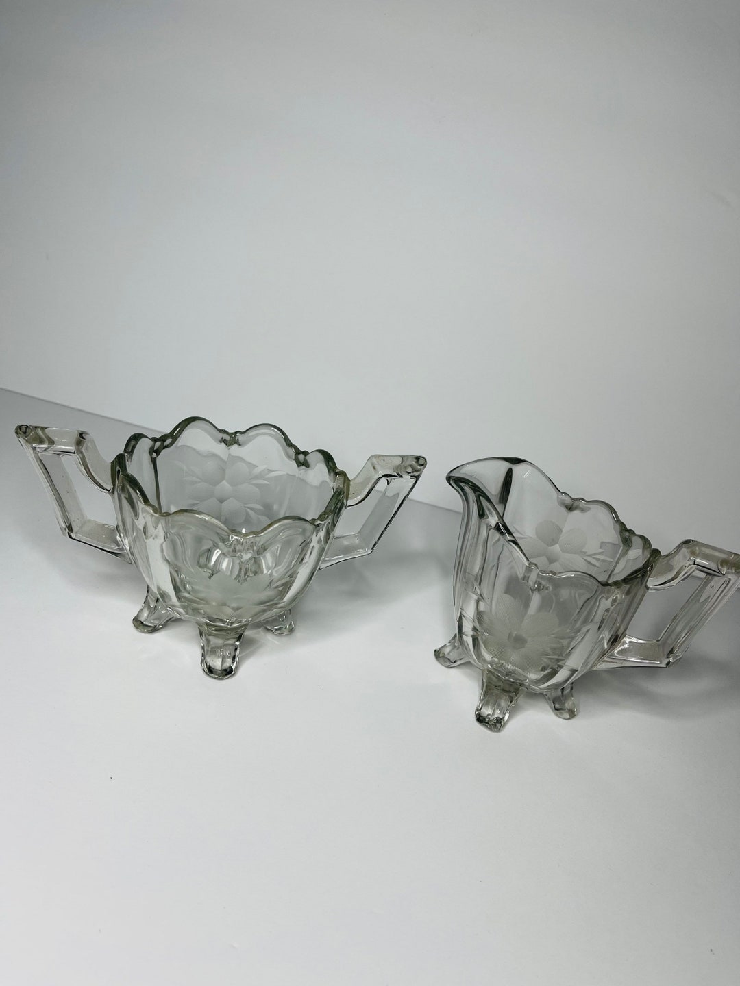 Depression Glass Creamer Sugar Footed Etched Square Handles 2 Piece Set