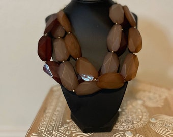 Beaded Statement Necklace| Brown Hand-cut Hexagon Beads| Chunky Gemstone Necklace| Multi-layer