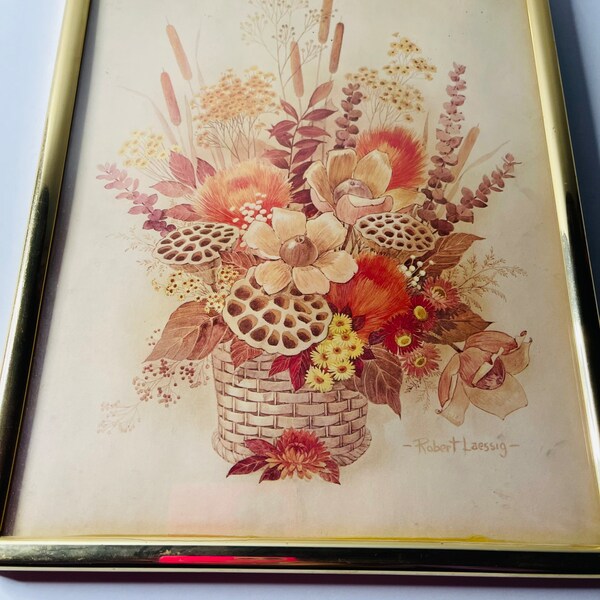 Wall Art by Robert Laessig Cattails Dried Flowers in a Small Basket Vintage decor