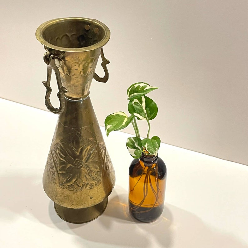 Antique Brass Tall Vase With Handles. French. Etched Floral Etsy