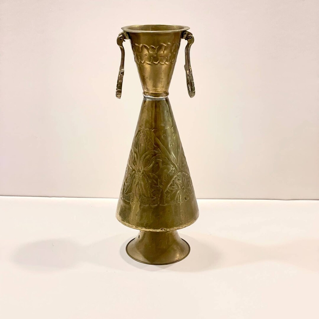 Antique Brass Tall Vase With Handles. French. Etched Floral Etsy