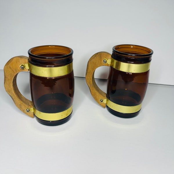 Vintage Amber Glass Wood Handle Drinking Cup Mug