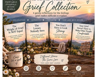 Op de afbeelding: Een digitale downloadbundel met vier reflectiedagboeken getiteld The Weight of Grief Is NOT Equal, The Losses Nobody Sees, You Don't Have to Look Strong en Your Grief Doesn't Have to Make Other People Comfortable, inclusief een mok.