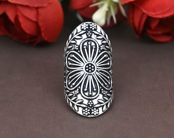 Silverpläterad blomring, lång boho statementring