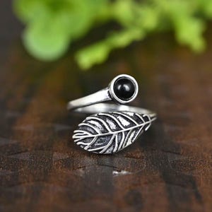 Schwarzer Obsidian Blatt Ring: Verstellbarer Sterling Silber Ring