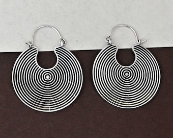 Silver Spiral Hoop Earrings, Tribal Minimalist Design