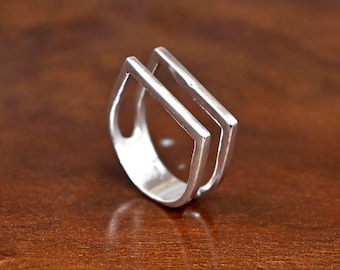 Handmade Silver Square Ring: Modern Double Bar Statement Ring