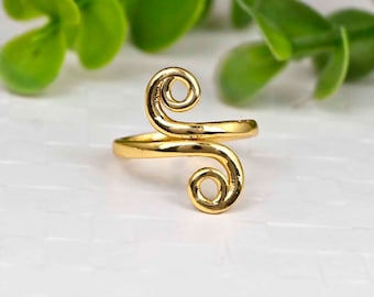 Handmade Brass Adjustable Spiral Ring - Gold Wired Swirl Design