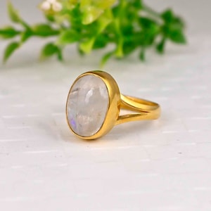 Moonstone Ring 14K Gold Plated for Women - Rainbow Moonstone Natural Gemstone - Wedding Ring - Anniversary Gift for Her