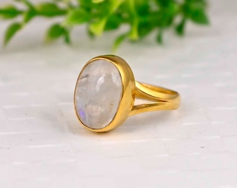 Rainbow Moonstone Ring: 14K Gold Plated Brass Wedding Jewelry