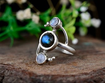 Blue Flashy Labradorite Moonstone Ring, Sterling Silver Two Stone