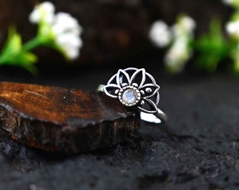 Rainbow Moonstone Lotus Ring, Silver Boho Floral Jewelry