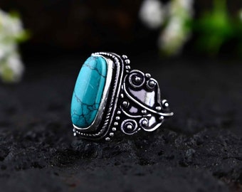 Handmade Silver Turquoise Ring: Chunky Boho Statement