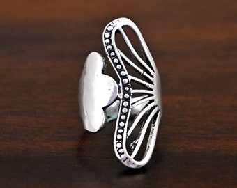 Silver Filigree Leaf Ring: Chunky Boho Statement Ring