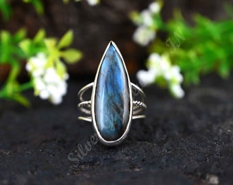 Silberring mit Labradorit: Boho-Statement Edelstein Birnchen
