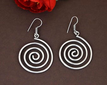 Silver Spiral Dangle Earrings • Minimalist Big Hoops
