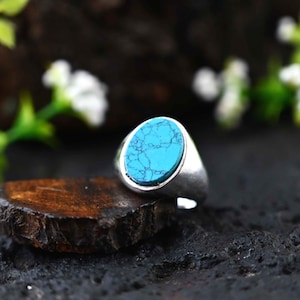 Mens Handmade Ring, Turquoise Men Silver Ring, Fathers day Gift, Modern Sterling Silver Men Ring, Men Engraved Ring