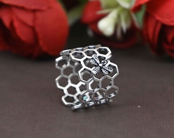 Silver Honeycomb Bee Ring, Boho Jewelry