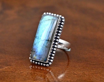 Silver Labradorite Statement Ring - Boho Gemstone Ring