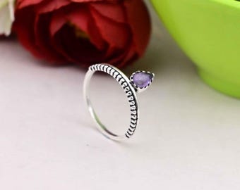 Amethyst Silver Stacking Ring - Bezel Set Crown Ring