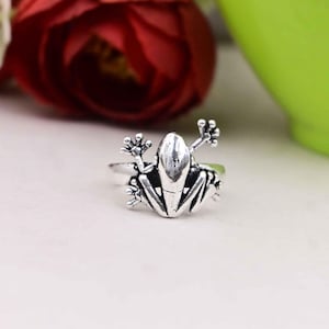 May include: A silver frog ring. The ring showcases a detailed frog design with outstretched arms and legs. The frog is the central element, with a smooth, metallic finish. The ring is set against a soft, blurred background.