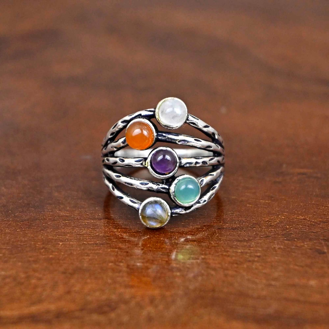 Silver Multi Gemstone Ring: Round Stone Stackable Ring - Etsy