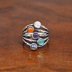 Multiple Gemstone Rings, Natural Multi Gemstone Cocktail Ring, Round Stone Ring, Eternity Stackable Ring, Multicolour Stone Ring
