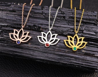 Gift Lotus Flower Necklace with Birthstone, Dainty Lotus Flower Pendant, Floral pendant, Gift for Her, Birthstone Necklace, Gift for Grandma