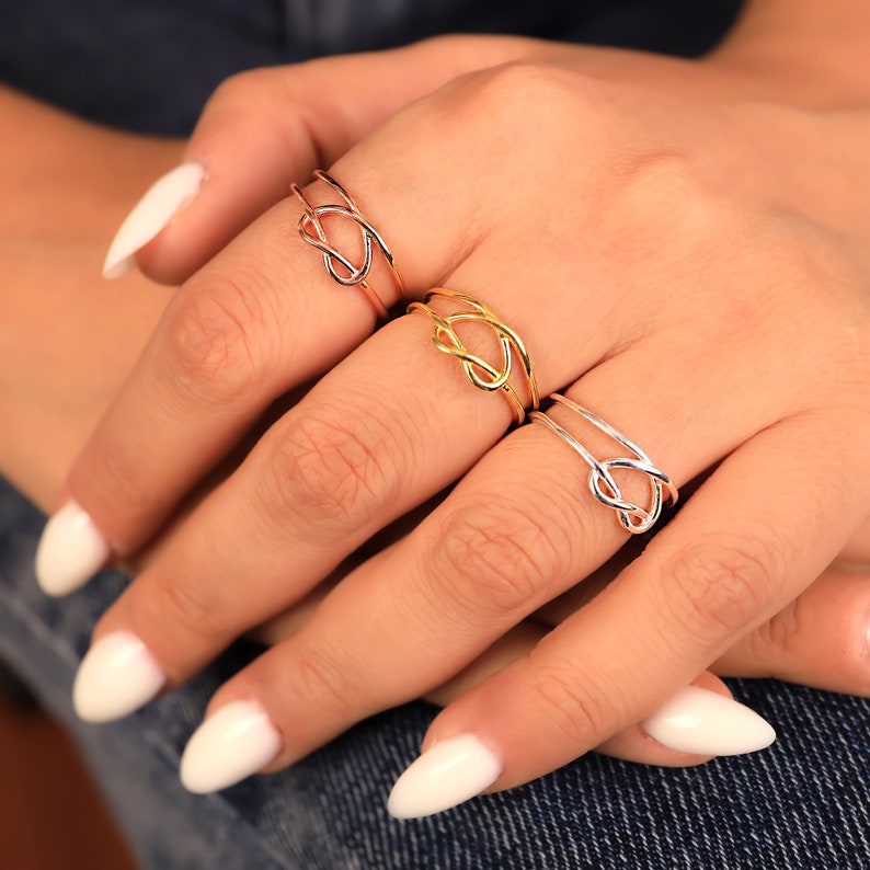 Silver Love Knot Ring Twostrand Adjustable Heart Ring Etsy