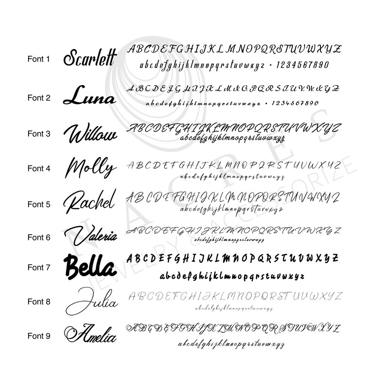 以下が含まれることがあります： 9つの異なるフォントスタイルが、各フォントの名前と大文字と小文字のアルファベットで表示されています。フォントは次のとおりです。スカーレット、ルナ、ウィロー、モリー、レイチェル、バレリア、ベラ、ジュリア、アメリア。