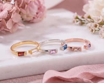Dual Baguette Birthstone Ring • 925 Sterling Silver 2 Stone Open Cuff Ring • Personalized Toi et Moi Adjustable Band Jewelry Gift For Her