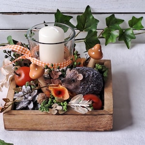 Table arrangement table decoration wooden tray lantern glass hedgehog mushrooms cones approx. 16 x 16 cm