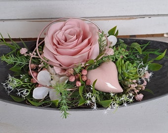 Table arrangement table decoration plastic bowl vintage look rose heart 15 x 30 cm