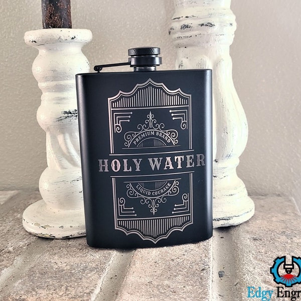 8 Oz Hip Flask laser engraved with funny saying | Holy Water cute flask | Gift idea for Gamer Mom Dad Girlfriend Boyfriend wedding Birthday